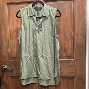 Ellen Tracy Sage Green Lace-Up Sleeveless Tunic